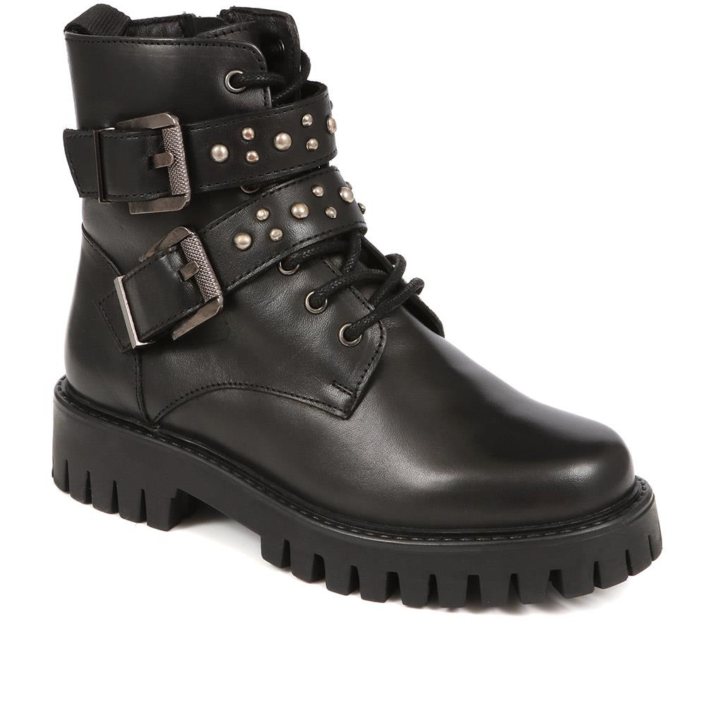 Leather Studded Biker Boots - MIRABELLE / 324 323